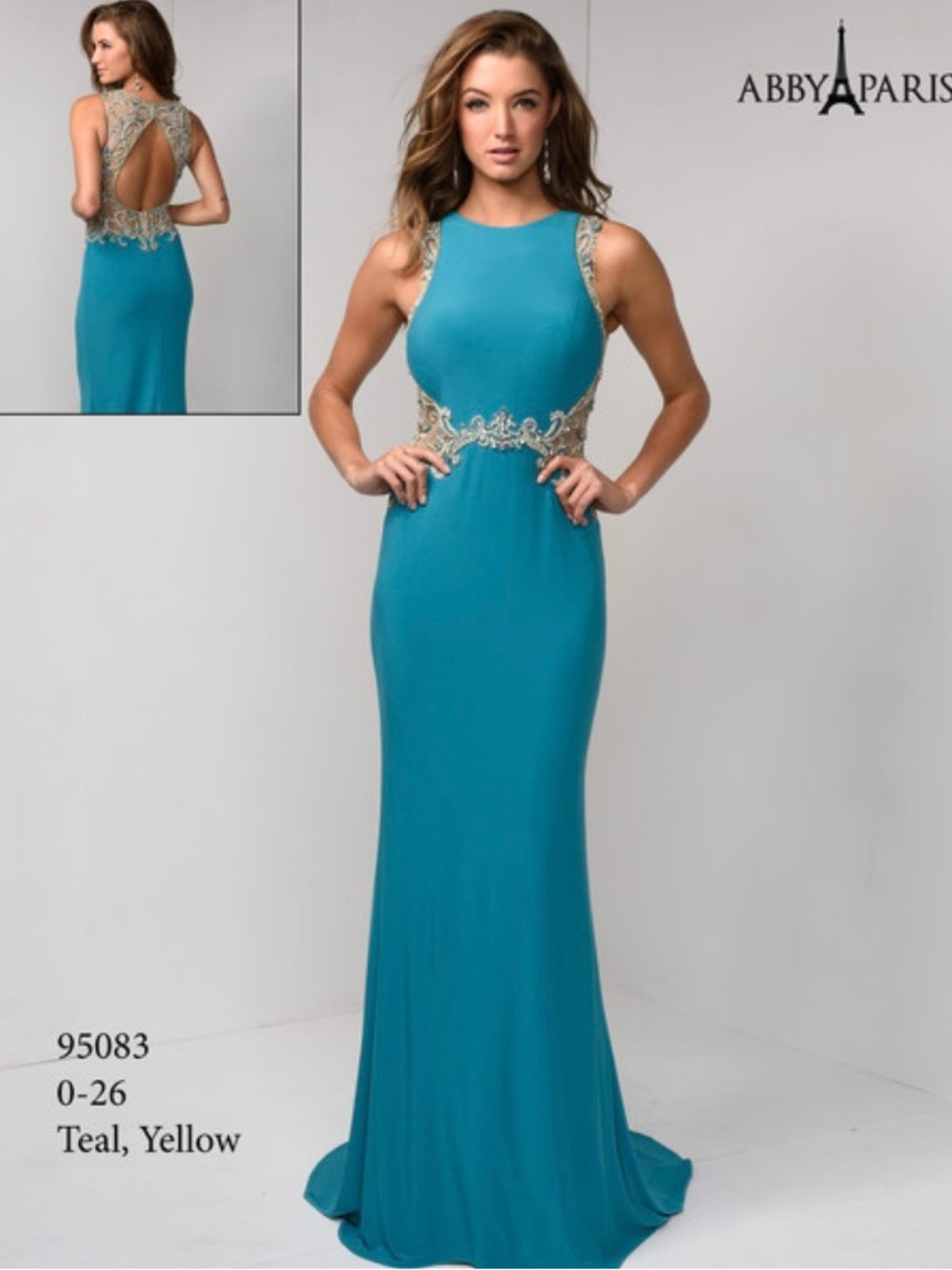 Teal Embellished Cutout Evening Gown